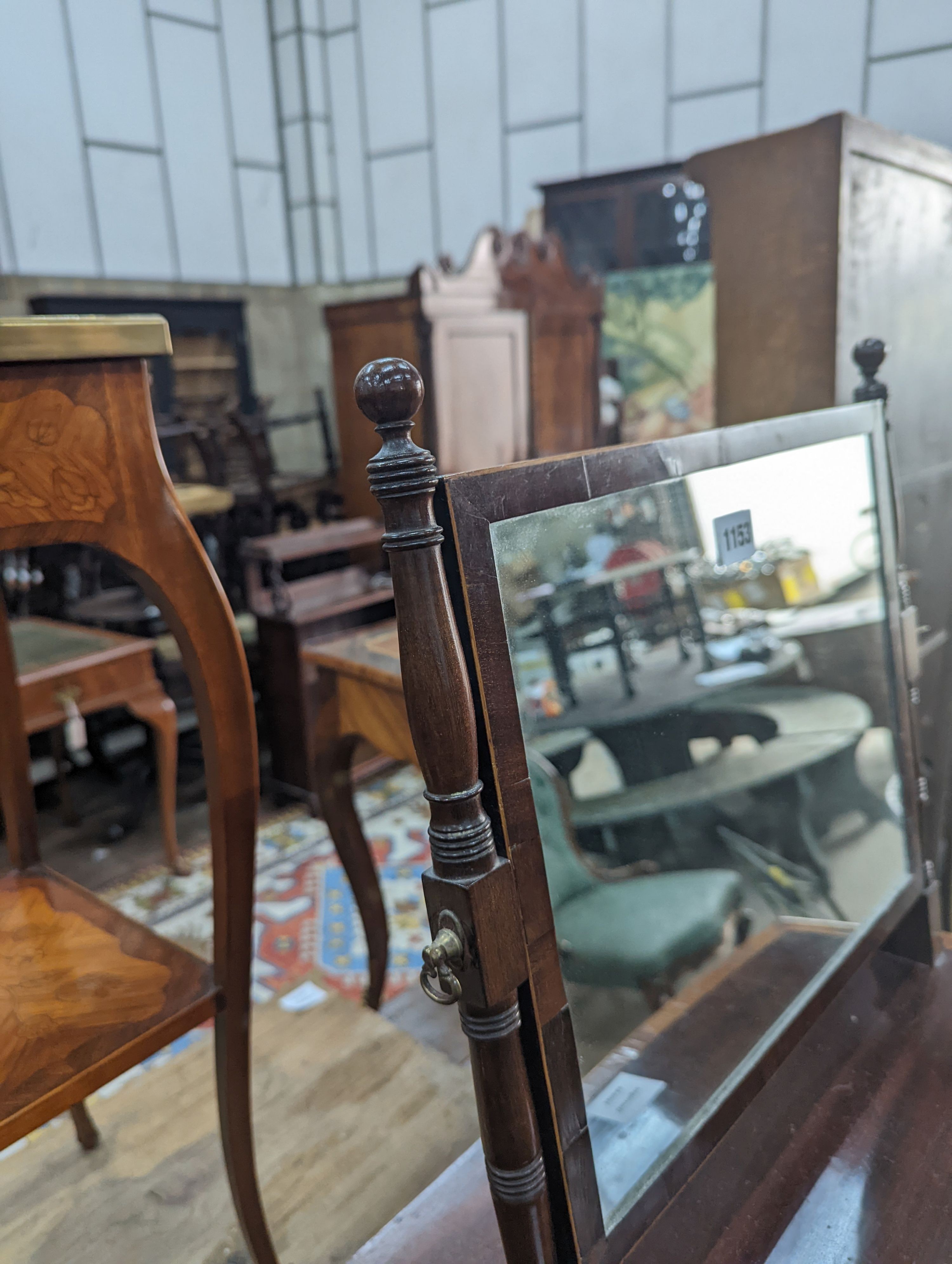 A Regency satinwood banded mahogany bow fronted toilet mirror, width 46cm, height 51cm